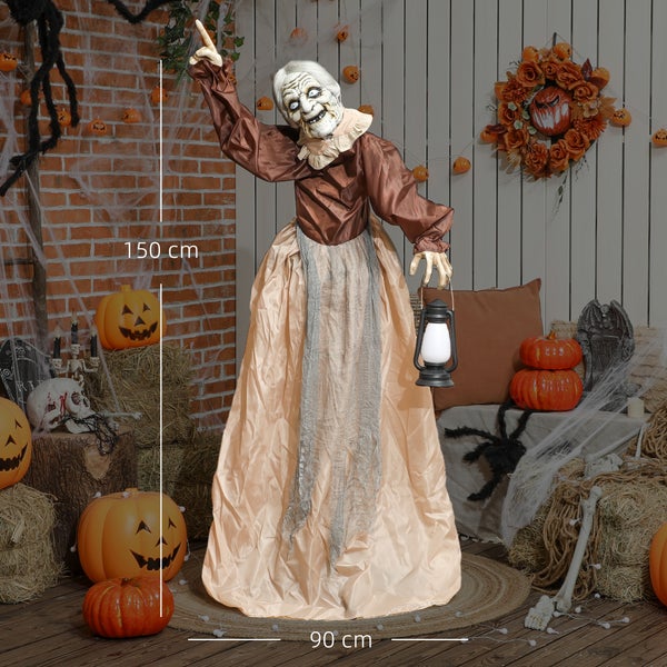 Halloweenská dekorativní figurka 150 cm vysoké paní ducha s lucernou o rozměrech 90 cm