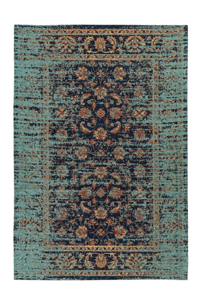 Orientální koberec ve vintage vzhledu s florálními ornamenty a sepraným vzorem v tyrkysové, tmavě modré a béžové barvě.