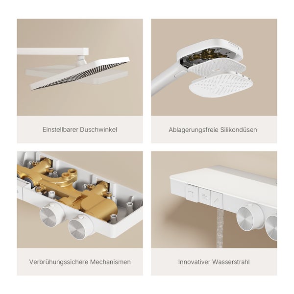Produktový obrázek sprchové baterie s nastavitelným úhlem sprchování, silikonovými tryskami bez usazenin, mechanismy ochrany proti opaření a inovativním proudem vody