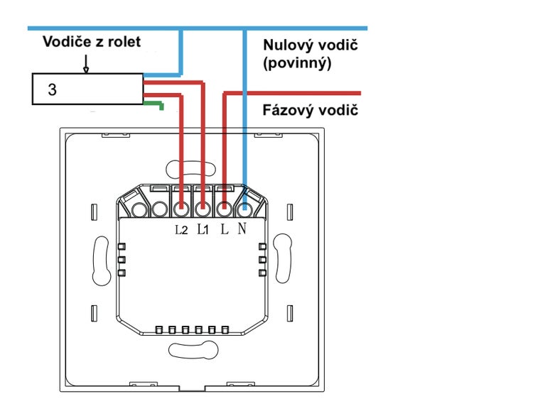 Schéma zapojení žaluziového spínače s připojením pro fázi, nulový vodič a vodiče motoru.