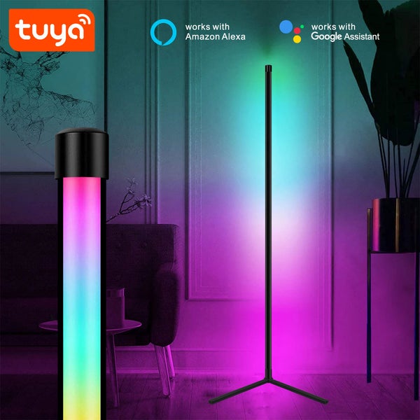 Moderní LED stojací lampa s RGB změnou barev a připojením k chytré domácnosti kompatibilní s Amazon Alexa, Google Assistant a logem Tuya