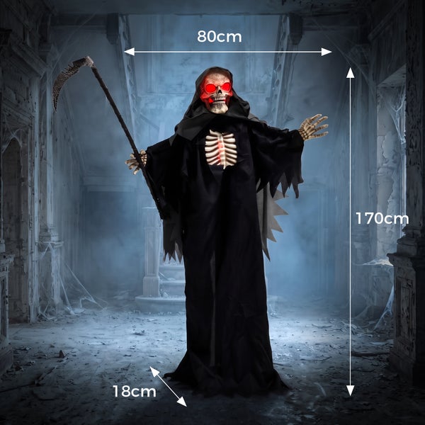 Halloweenská dekorační figurka Smrtka s kosou, výška 170 centimetrů, včetně osvětlení, pro strašidelnou dekoraci.