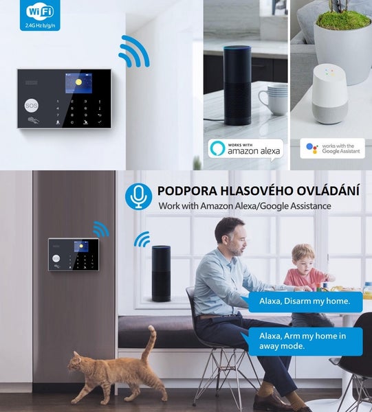 Wi-Fi alarm s dotykovým displejem a podporou hlasového ovládání Amazon Alexa a Google Assistant pro zabezpečení domácnosti.