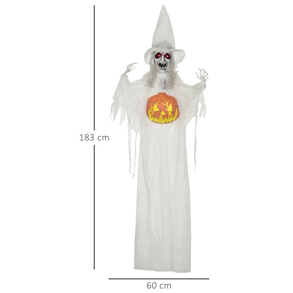 Halloweenská dekorace: Závěsná figurka čarodějnice s dýní a červeným světlem, výška 183 cm