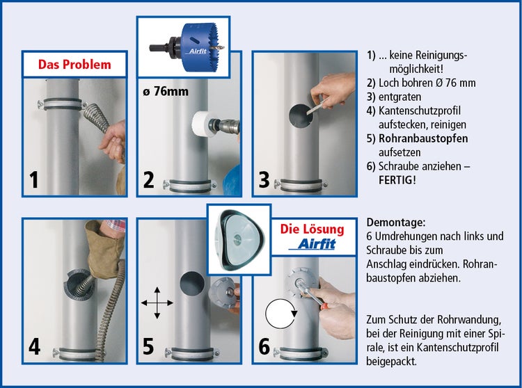 Ilustrovaný návod k montáži pro trubkovou zátku Airfit pro snadnou dodatečnou instalaci čisticího otvoru do odpadního potrubí.