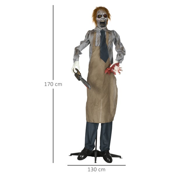 Animovaná hororová dekorační figurka Zombie řezník s motorovou pilou, výška 170 cm