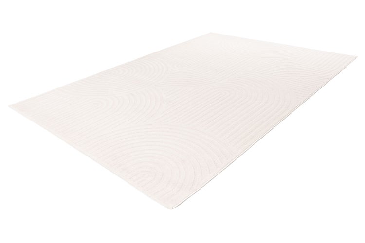 Obdélníkový koberec s geometrickým vzorem čar ve tvaru oblouků.