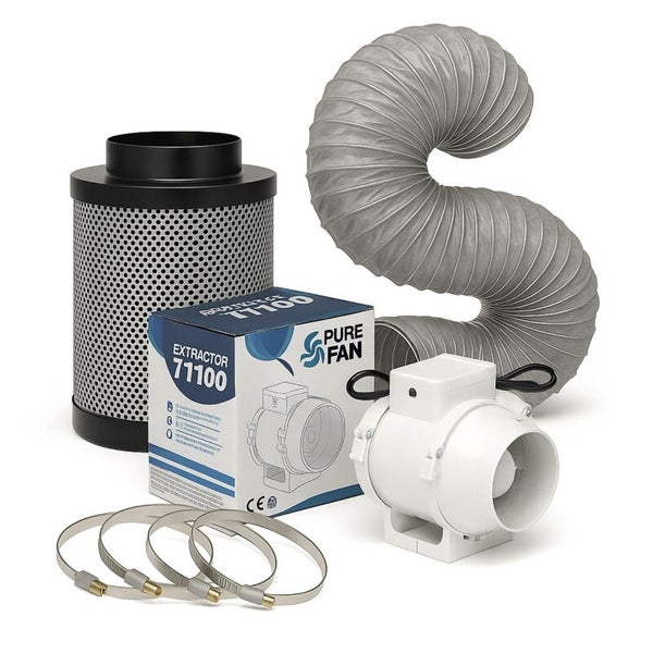 Ventilační set Pure Fan Extractor 71100 s potrubním ventilátorem, uhlíkovým filtrem, ohebnou hadicí a hadicovými sponami.