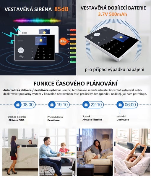 Přehled funkcí alarmu s vestavěnou sirénou, záložní baterií a časovým plánováním pro automatickou aktivaci a deaktivaci systému.