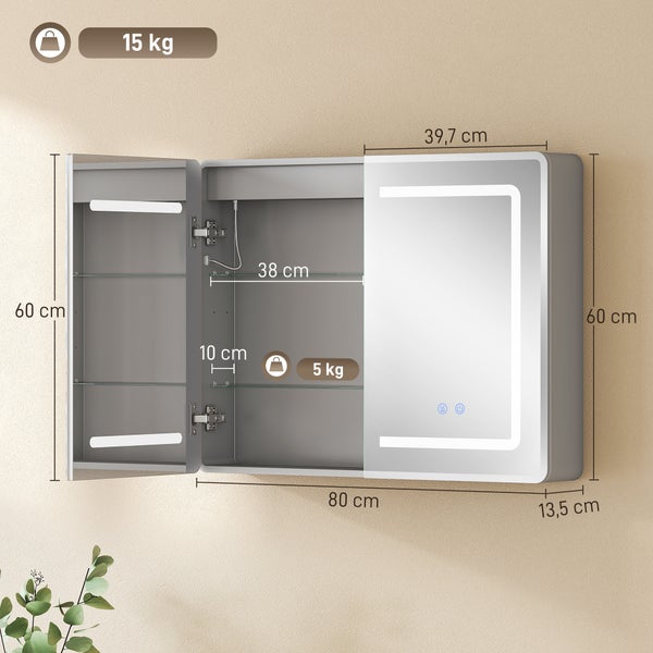 Zrcadlová skříňka s LED. Rozměry: výška 60 centimetrů, šířka 80 centimetrů, hloubka 13,5 centimetrů. Nosnost 15 kilogramů, police 5 kilogramů.