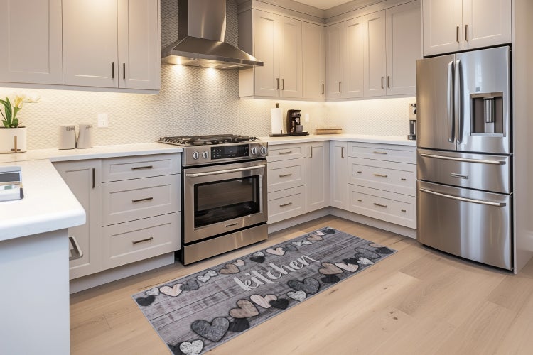 Moderní kuchyňský běhoun se vzorem srdcí a nápisem kitchen v prosvětlené vestavné kuchyni s nerezovými spotřebiči.