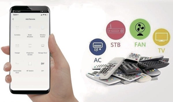 Aplikace pro chytrý telefon pro ovládání dálkových ovladačů pro zařízení chytré domácnosti jako klimatizace, ventilátor a televize.