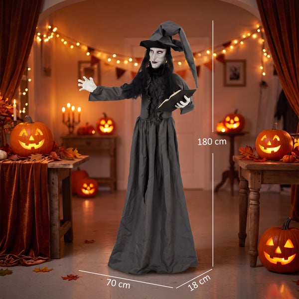Čarodějnice v životní velikosti jako halloweenská dekorace s knihou, výška 180 centimetrů, ideální pro stylovou interiérovou výzdobu.