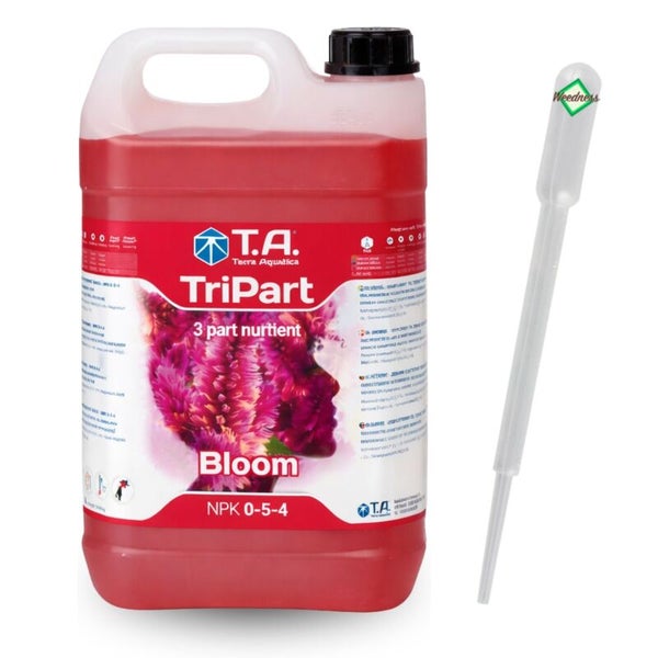 Hnojivo Terra Aquatica TriPart Bloom NPK 0-5-4 v pětilitrovém balení s pipetou pro podporu květové fáze rostlin.