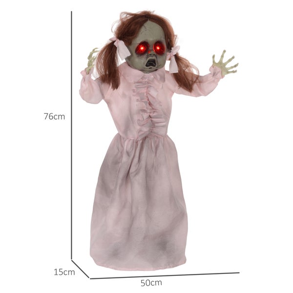 Halloweenská dekorace, strašidelná panenka s červenýma očima, vysoká přibližně 76 cm