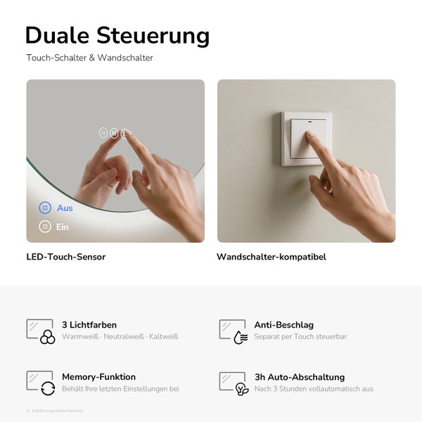 LED koupelnové zrcadlo s dotykovým senzorem a nástěnným vypínačem. Tři barvy světla, proti zamlžování, paměť a vypnutí po třech hodinách.