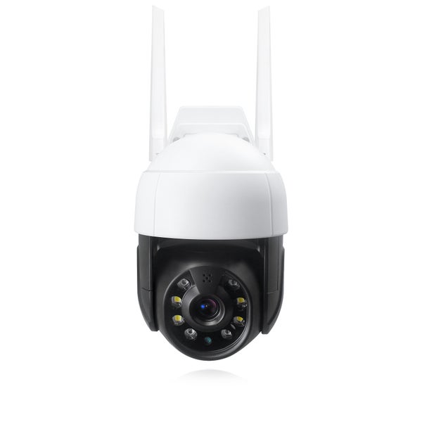 Venkovní Wi-Fi bezpečnostní kamera se dvěma anténami a integrovanými LED světly pro zabezpečení.
