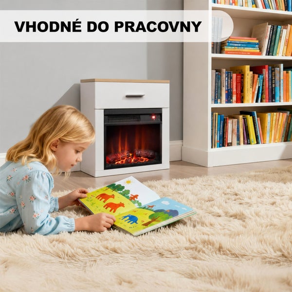 Dítě čte knihu na huňatém koberci před elektrickým krbem s dekorem dřeva a bílou knihovnou v pozadí.