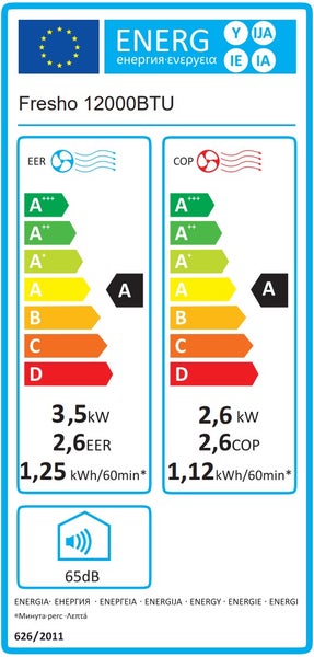 Energetický štítek pro klimatizaci Fresho 12000BTU, energetická třída A, chladicí výkon 3,5 kilowattů, topný výkon 2,6 kilowattů, 65 decibelů.