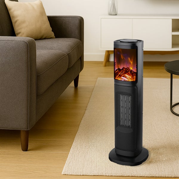 Interiérová scéna s černým topným ventilátorem s efektem krbu