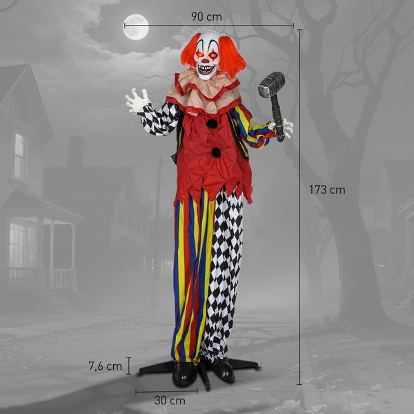 Halloweenský dekorační klaun s kladivem o rozměrech 90 cm x 173 cm