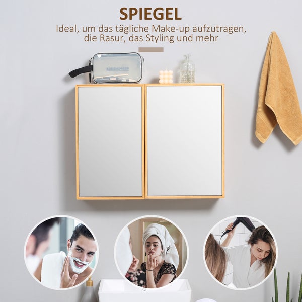 Závěsná zrcadlová skříňka se dvěma zrcadlovými dvířky v koupelně s různými příklady použití pro péči a styling.