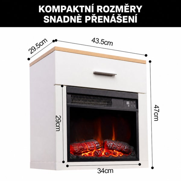 Elektrický krb s povrchem v dekoru dřeva a rozměry pro kompaktní design