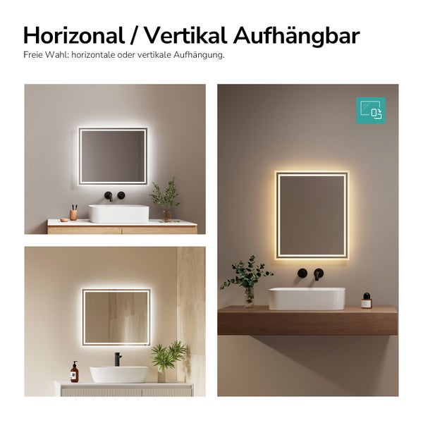 Moderní koupelnové zrcadlo s LED osvětlením pro horizontální i vertikální montáž, zobrazené v různých koupelnách nad umyvadlem.