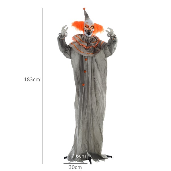 Halloweenská dekorativní figurka, stojící strašidelný klaun s oranžovými vlasy a LED očima, výška 183 cm