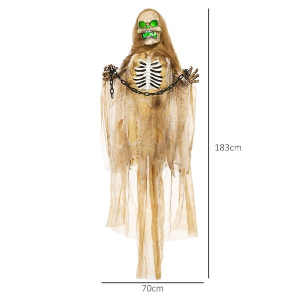 Dekorativní závěsná figurka kostry s řetězy, vysoká přibližně 183 cm, jako halloweenská dekorace