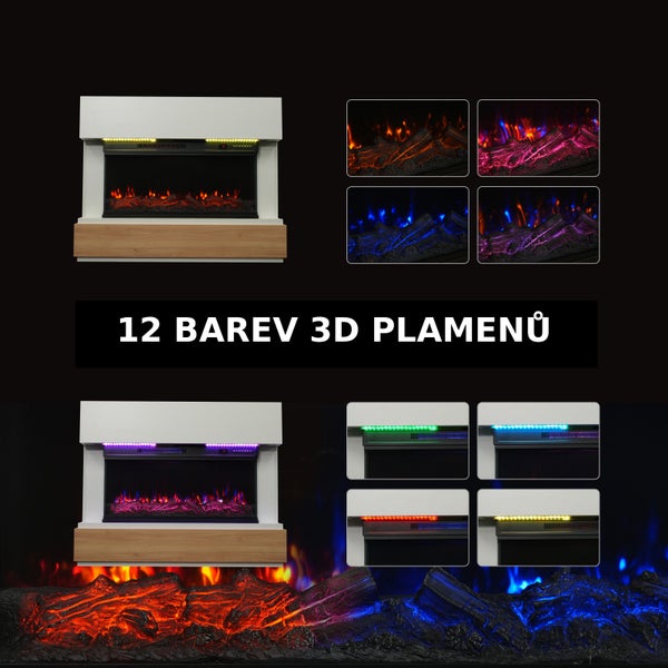 Elektrický krb s nastavitelným 3D efektem plamene ve 12 barvách a integrovaným LED osvětlením v rámu krbu.