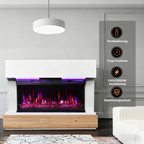 Dekorativní elektrický krb s dálkovým ovládáním, funkcí časovače, topným výkonem 1000/2000 W a ochranou proti přehřátí.