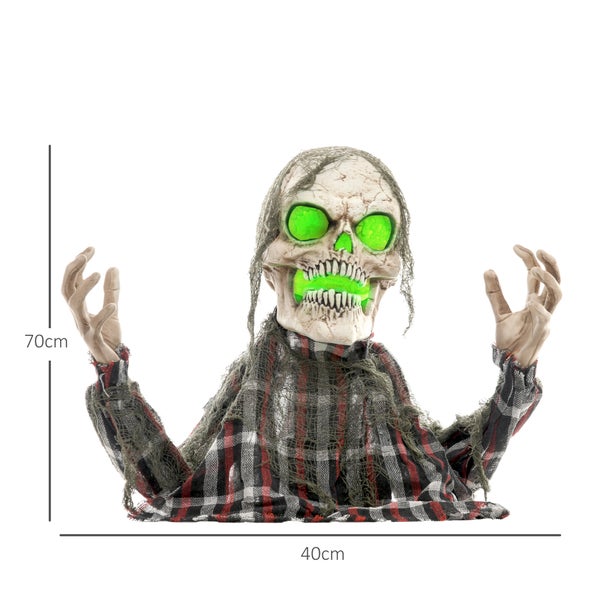 Halloweenská dekorace: 70 cm zombie busta se zářícíma očima a ústy, zahalená do kostkované látky