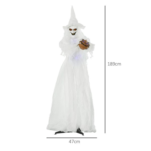 Animovaná halloweenská postava ducha s čarodějnickým kloboukem a dýní, výška 189 centimetrů, šířka 47 centimetrů, dekorace do interiéru