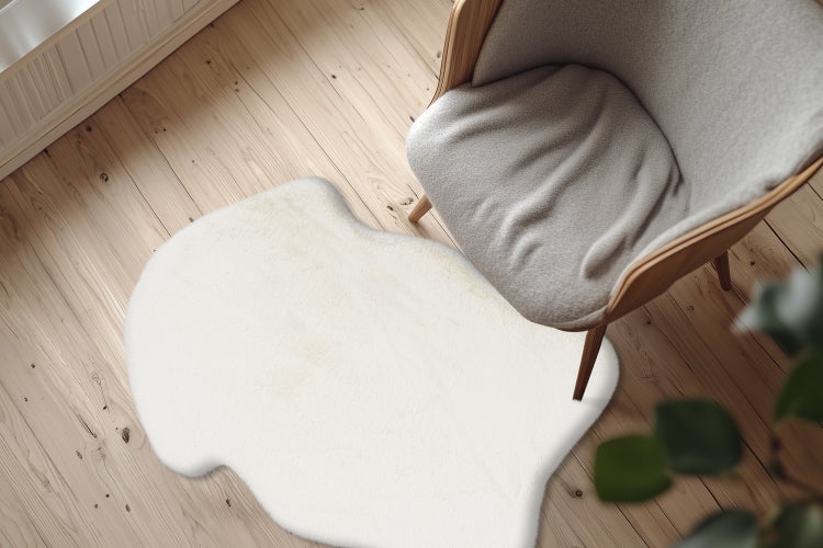 Nadýchaný koberec z umělé kožešiny organického tvaru na světlé dřevěné podlaze před křeslem.