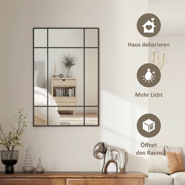 Nástěnné zrcadlo s rámem v okenním stylu, zobrazené v interiéru s dekoracemi a ikonami pro design, osvětlení a zvětšení prostoru.