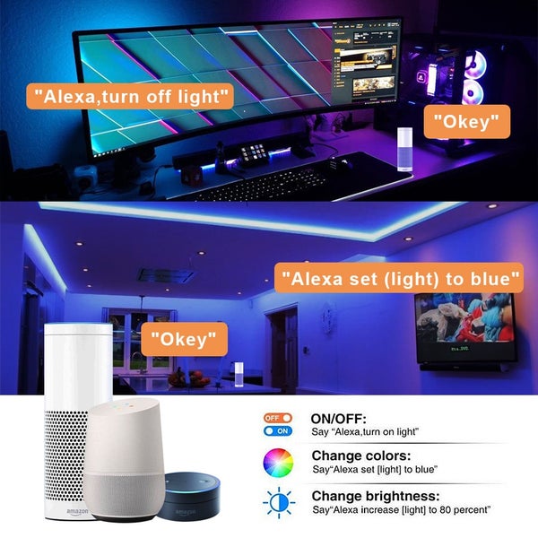 Chytré domácí hlasové ovládání osvětlení s Amazon Echo a Google Home pro zapínání vypínání změnu barev a nastavení jasu