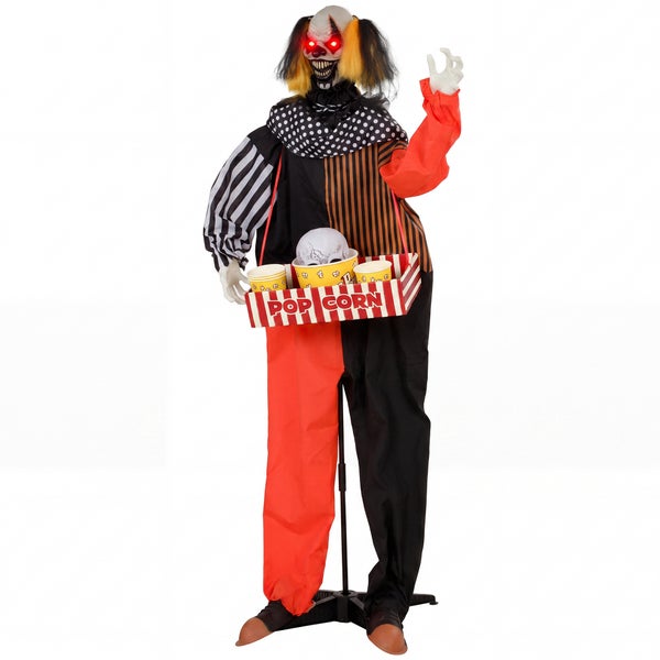 Animovaná halloweenská figurína klauna s tácem na popcorn a svítícíma očima pro strašidelnou dekoraci.