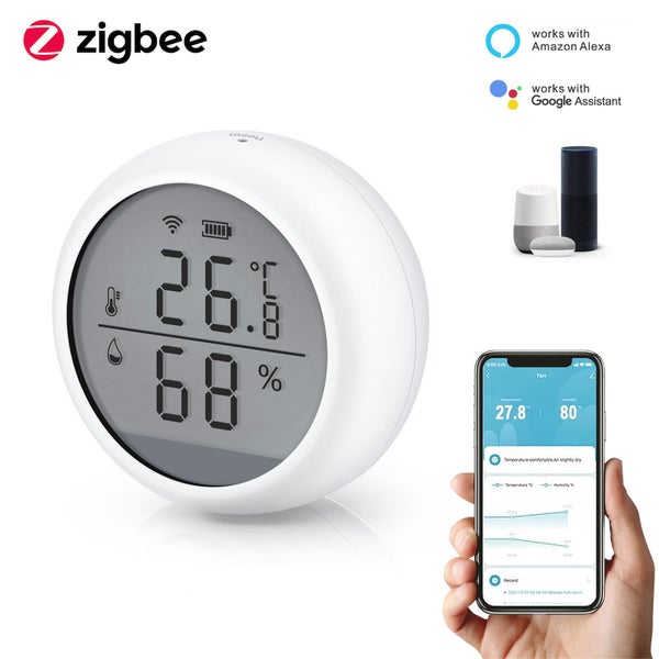 Kulatý digitální teploměr a vlhkoměr s rozhraním Zigbee pro měření teploty a vlhkosti s ovládáním přes aplikaci