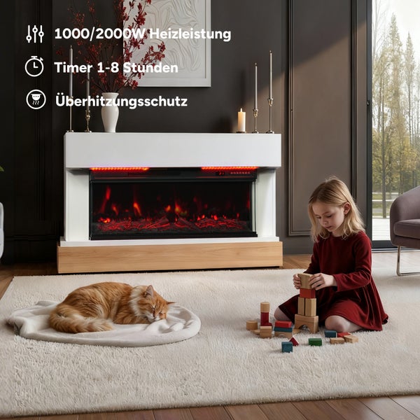 Obývací pokoj s elektrickým krbem, kočkou a hrajícím si dítětem
