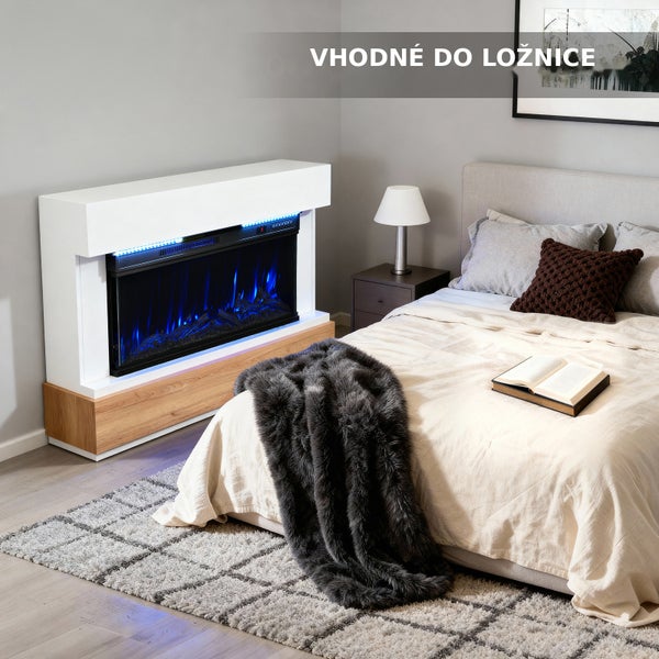 Elektrický krb s LED plameny v moderně zařízené ložnici s manželskou postelí a huňatým kobercem.