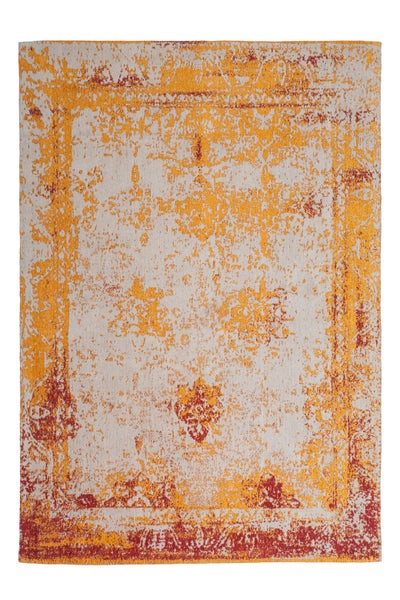 Obdélníkový koberec ve vintage designu s orientálním vzorem, plochá vazba, žlutý a červený.