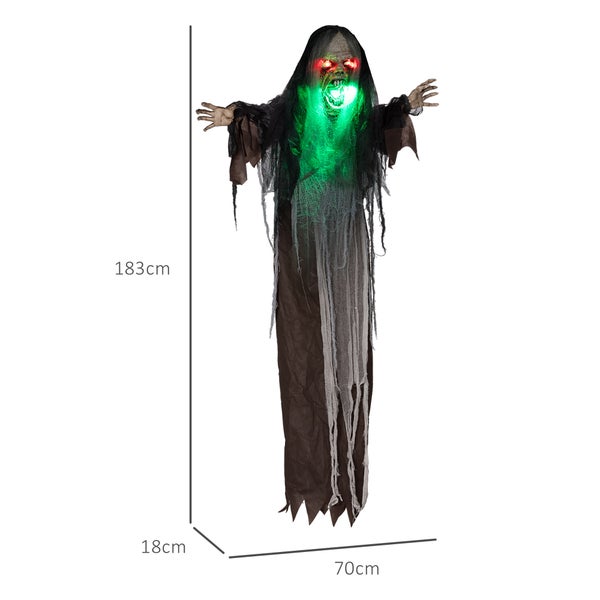 Závěsná halloweenská dekorace se světelnými efekty o rozměrech 183 cm na výšku, 70 cm na šířku a 18 cm do hloubky jako strašidelná dekorace