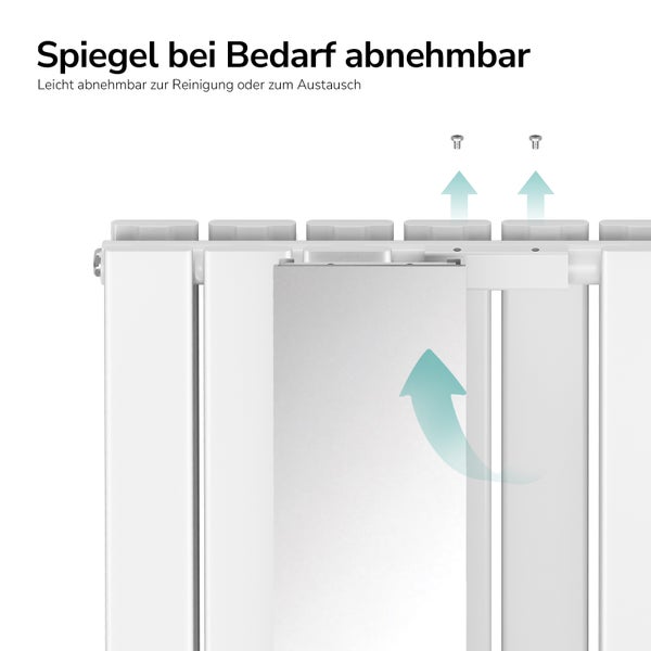 Detailní pohled na radiátor s odnímatelným zrcadlem pro čištění nebo výměnu.
