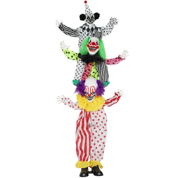 Animovaná halloweenská dekorativní figurka strašidelného klauna se třemi klauny na věži, svítící oči, ideální pro halloweenskou výzdobu.
