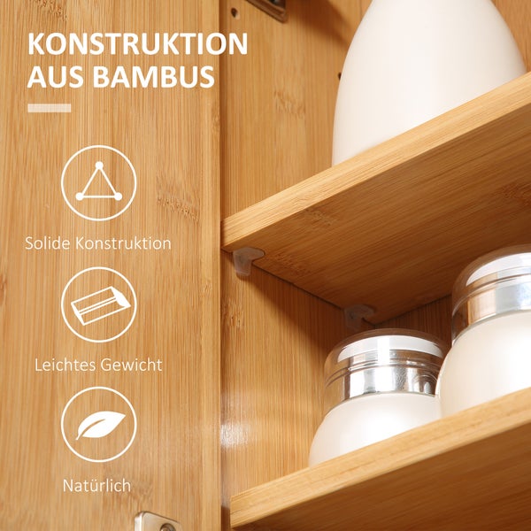 Koupelnová skříňka z bambusu s policemi, zobrazuje detaily o pevné konstrukci, nízké hmotnosti a přírodním materiálu.