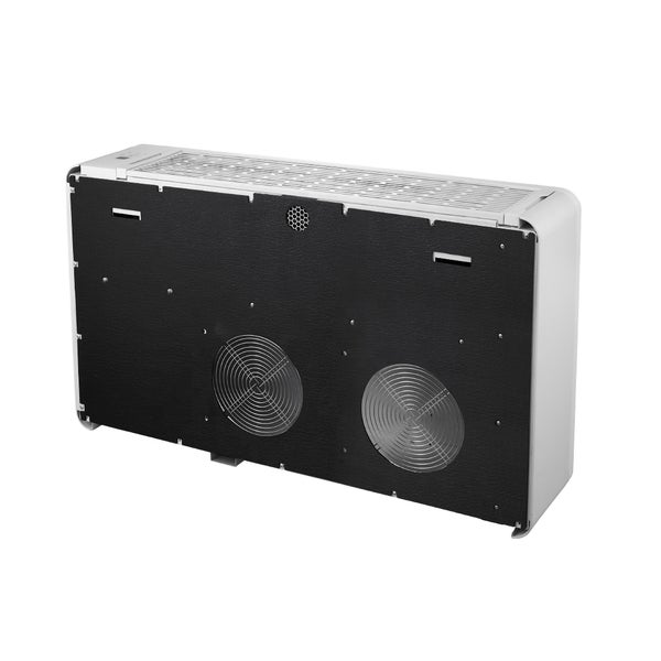 Zadní pohled na monoblokovou klimatizaci s černým zadním panelem a dvěma kulatými ventilačními mřížkami.
