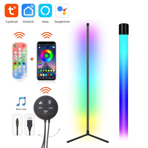 Moderní LED stojací lampa s RGB změnou barev, ovladatelná pomocí aplikace, dálkového ovladače a hlasového asistenta, kompatibilní s Tuya.