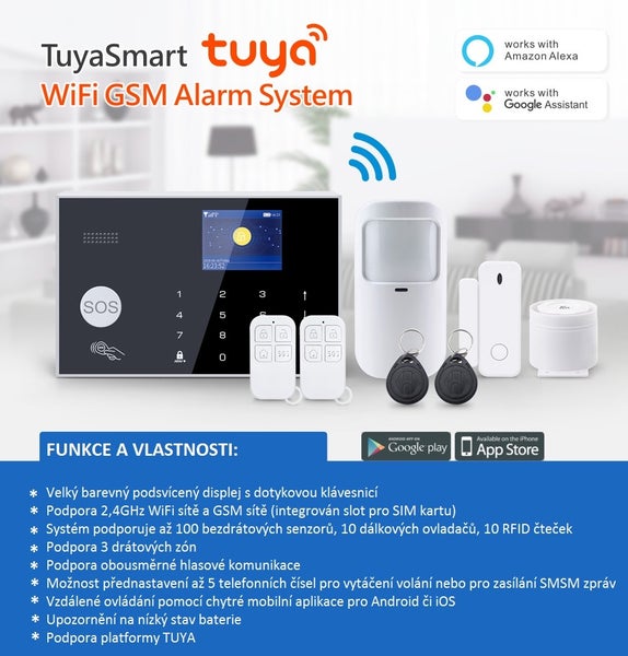 TuyaSmart WiFi GSM alarm systém včetně dotykového panelu, pohybového senzoru, dveřního senzoru, dálkových ovladačů, RFID čipů a sirény.