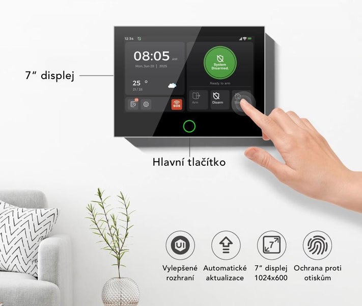 Smart home alarmový panel se 7 palcovým dotykovým displejem, vylepšeným rozhraním, automatickými aktualizacemi a ochranou proti otiskům.